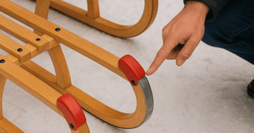 Person zeigt auf stumpfe Kufen eines Holzschlittens im Schnee – Hinweis auf mangelnde Gleitfähigkeit und mögliche Ursachen.