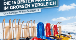 Schlitten-Test 2025: Verschiedene Holzschlitten, Lenkbobs und Kunststoff-Schlitten im Vergleichstest im Schnee.