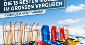 Schlitten-Test 2025: Verschiedene Holzschlitten, Lenkbobs und Kunststoff-Schlitten im Vergleichstest im Schnee.