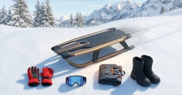 Schlitten mit Rodel-Zubehör im Schnee: Handschuhe, Skibrille, Winterstiefel und gepackter Rucksack vor alpiner Winterlandschaft