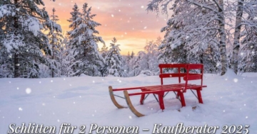 Roter Holzschlitten für zwei Personen im verschneiten Winterwald bei Sonnenuntergang