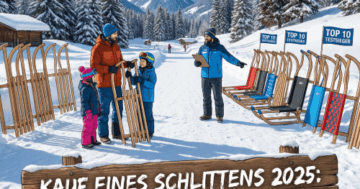 „Familie vergleicht verschiedene Schlittenmodelle in einer winterlichen Berglandschaft – Illustration für den Schlitten-Kaufen-Ratgeber 2025 mit Top-10-Testsiegern.