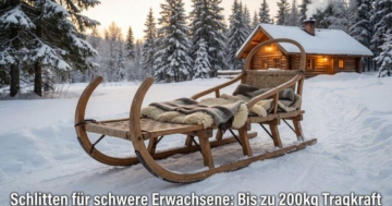 Stabiler Holzschlitten und Rodel für schwere Erwachsene in verschneiter Winterlandschaft