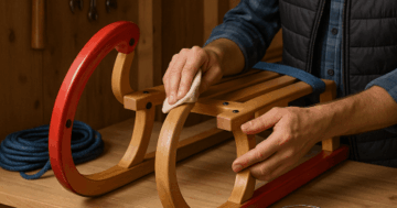 Holzschlitten wird in einer Werkstatt gereinigt und mit Pflegemittel behandelt, um ihn für die langfristige Einlagerung vorzubereiten.