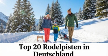 Familie beim Rodeln auf einer verschneiten Rodelbahn in den deutschen Alpen – Übersicht der Top 20 Rodelbahnen und Schlittenbahnen in Deutschland