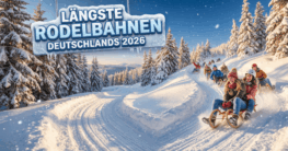 Familien und Wintersportler rodeln auf einer langen, kurvigen Rodelbahn durch eine verschneite Berglandschaft mit Tannenwald – Symbolbild für die längsten Rodelbahnen Deutschlands 2026.