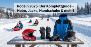 Rodelausrüstung 2026 - Helm, Winterjacke, Handschuhe und Boots für sicheres Rodeln auf verschneiter Rodelbahn