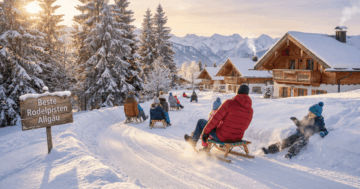 Familien rodeln auf einer verschneiten Rodelpiste im Allgäu mit Alpenblick, Tannenwald und Berghütten