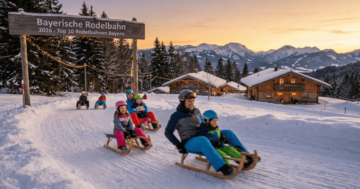Familien rodeln bei Sonnenuntergang auf einer beleuchteten Rodelbahn in den bayerischen Alpen mit Berghütten im Hintergrund