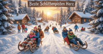 Familien rodeln auf einer breiten Schlittenpiste im Harz bei Sonnenuntergang mit verschneiten Hütten und Tannenwald