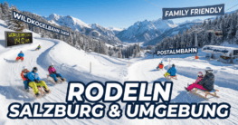 Rodeln in Salzburg & Umgebung: Familien und Kinder rodeln auf der 14 km langen Wildkogel-Rodelbahn (Weltrekord) sowie auf der Postalm-Rodelbahn mit Lift bei sonnigem Winterwetter