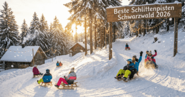 Familien rodeln auf einer verschneiten Schlittenpiste im Schwarzwald bei Abendlicht mit Tannenwald und Berghütten