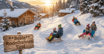 Familien rodeln auf einer verschneiten Naturrodelbahn in Tirol mit Almhütten, Tannenwald und Alpenpanorama