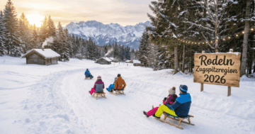 Familien rodeln auf einer verschneiten Rodelbahn in der Zugspitzregion mit Alpenpanorama und Berghütten