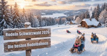 Rodeln im Schwarzwald 2026 - Familien rodeln auf verschneiter Naturrodelbahn vor Winterlandschaft mit Hütten