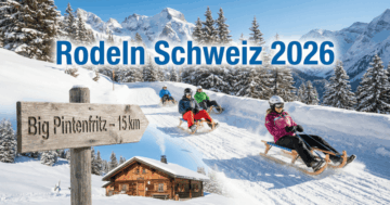 Rodeln Schweiz 2026 – Gruppe rodelt auf verschneiter Naturrodelbahn bei Big Pintenfritz, längste Rodelstrecke Europas mit 15 km