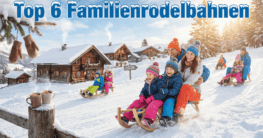 Familien rodeln gemeinsam auf einer sonnigen, schneebedeckten Rodelbahn vor Almhütten - kinderfreundliche Winterlandschaft als Symbol für Familienrodelbahnen in Deutschland 2026.